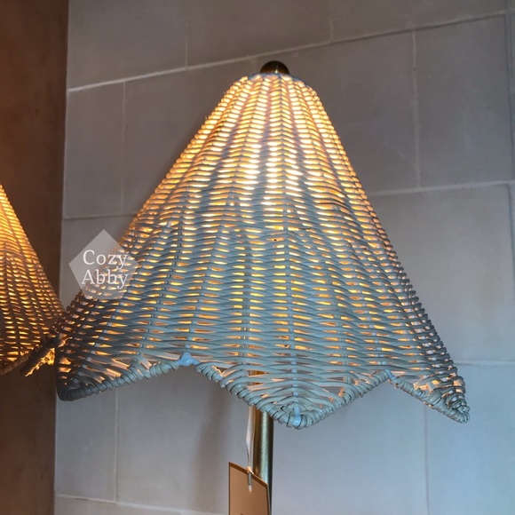 Lillian August Parasol Rattan Table Lamp Antiqued Brass Scalloped Edge - Picture 3 of 7